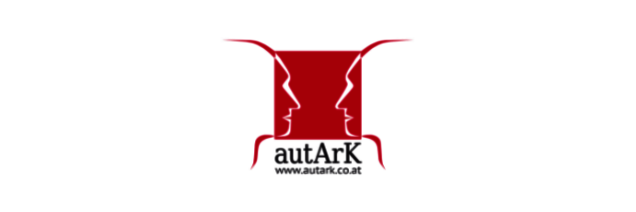 Logo von autArk: Rotes Quadrat welches zwei Gesichter im Profil sich begegnen.
