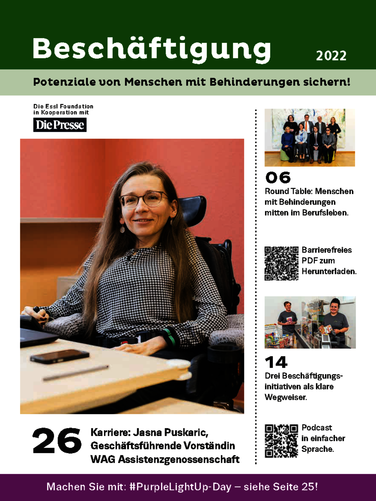 Cover des Beschäftigungsmagazin 2022 mit einer Frau die in ihrem Rollstuhl vor ihrem Schreibtisch sitzt.