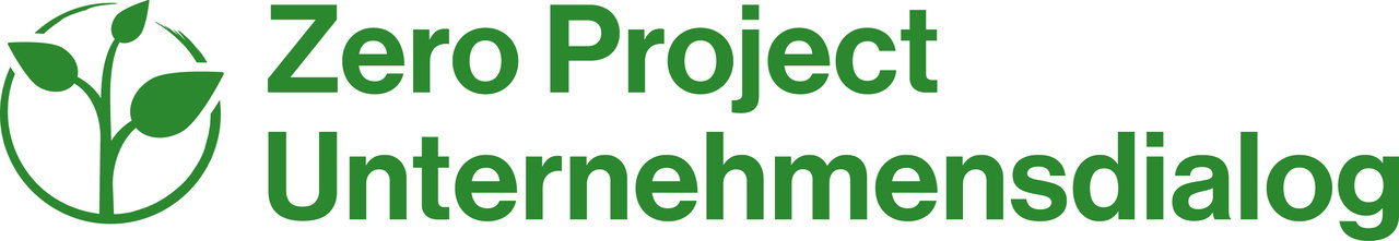 Zero Project Unternehmensdialog Logo: Dreiblättriger Keimling in einem Kreis mit dem Schiftzug in Dunkelgrün auf weißen Hintergund